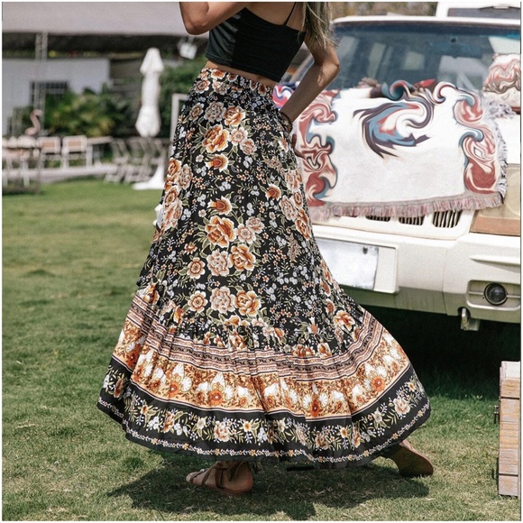 047 Bohemian Floral Paisley Print Ruffle Maxi Skirt - Picture 8 of 9